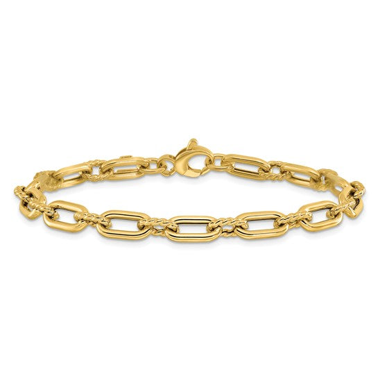 14k Yellow Gold Polished/Rope Textured Oval Cable Link Fashion Bracelet