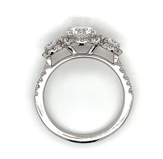 18k White Gold Three Stone Diamond Halo Engagement Ring