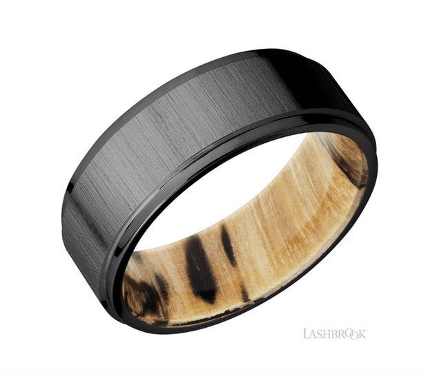 Zirconium With Cross Satin Black Finish & Spalted Tamarind Hardwood Sleeve Wedding Band by Lashbrook Designs