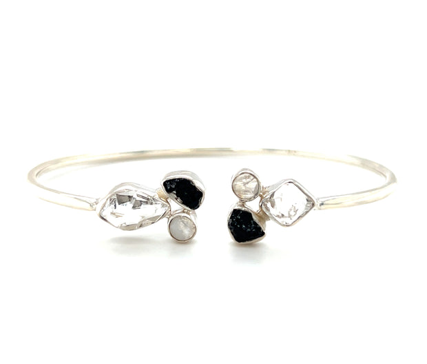 Sterling Silver Moonstone, Herkimer Diamond Quartz, & Black Tourmaline Bangle Bracelet