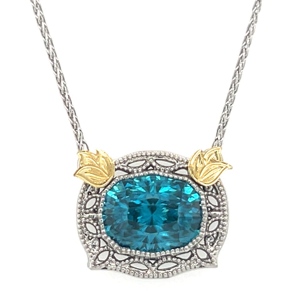 Platinum/18k Green Gold Vintage Inspired Blue Zircon Necklace by IJC