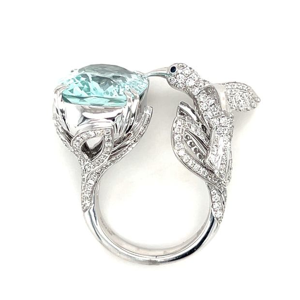 18k White Gold Aquamarine, Blue Sapphire, and Diamond Hummingbird Fashion Ring
