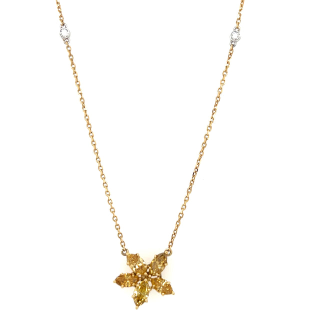 18k Two Tone Gold Fancy Color Diamond Flower Diamond By The Inch Necklace