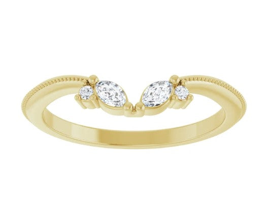 14k Yellow Gold Vintage Inspired Marquise & Round Brilliant Diamond Chevron Wedding Band