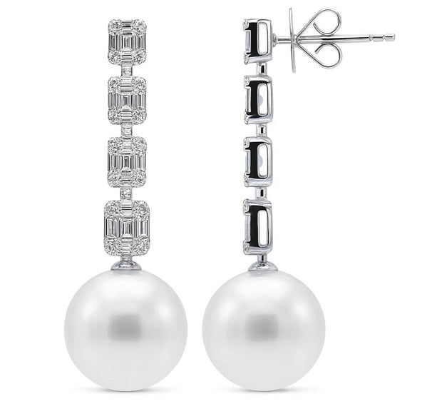 18k White Gold South Sea Pearl & Mosaic Diamond Dangle Earrings