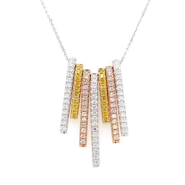 18k Tri Color Gold Fancy Color Diamond Multi Bar Fashion Necklace