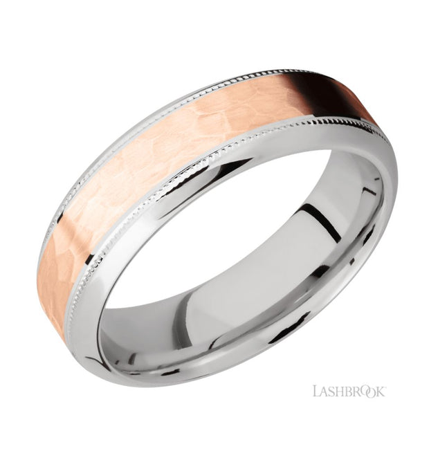 Cobalt Chrome & 14k Rose Gold Hammer/Milgrain Wedding Band by Lashbrook Designs