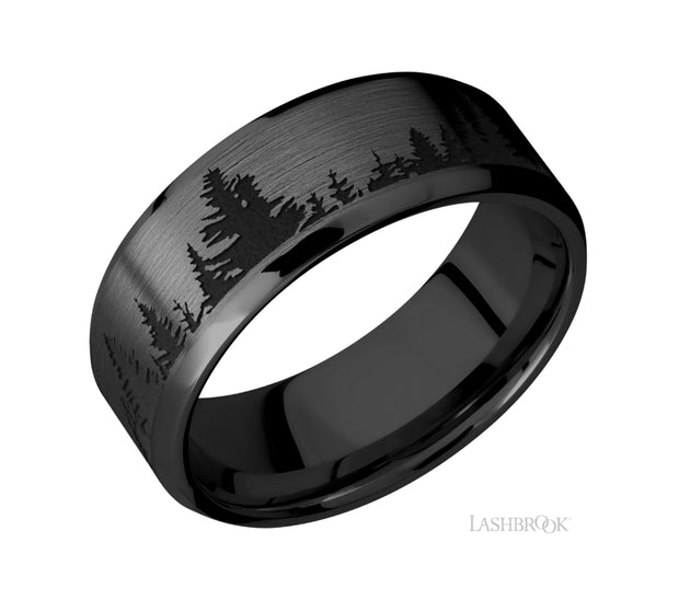 Zirconium & Laser Etched Tree Design Wedding Band by Lashbrook Designs