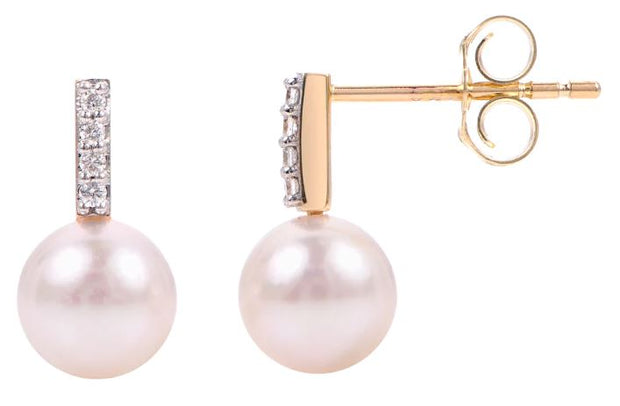 14kYellow Gold Freshwater Cultured Pearl & Diamond Bar Stud Earrings