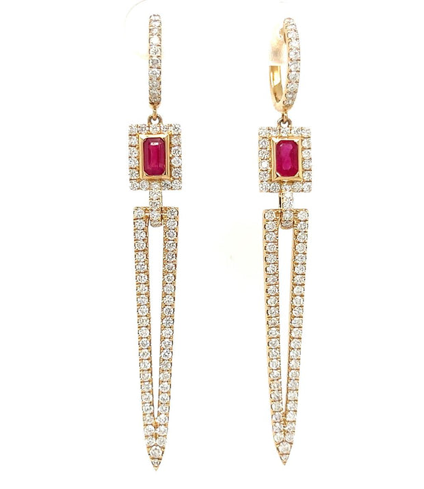 18k Yellow Gold Ruby & Diamond Dangle Dagger Earrings