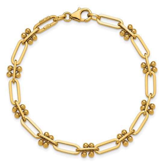 14k Yellow Gold Polished and Beaded Fancy Paperclip Link Fashion Bracelet